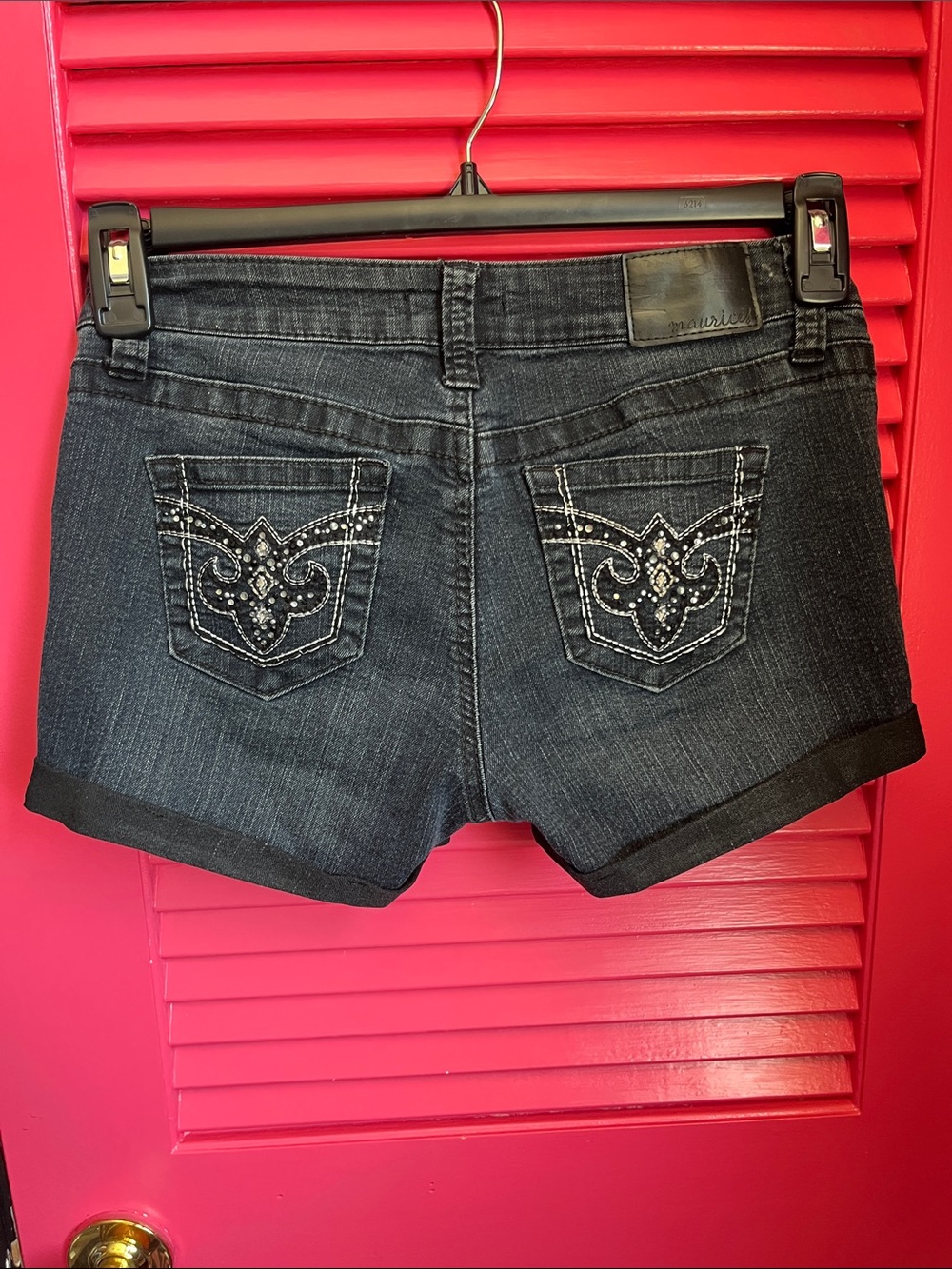 Maurices Rhinestone Buttons Black/Dark Wash Denim Rolled-Hem Shorts